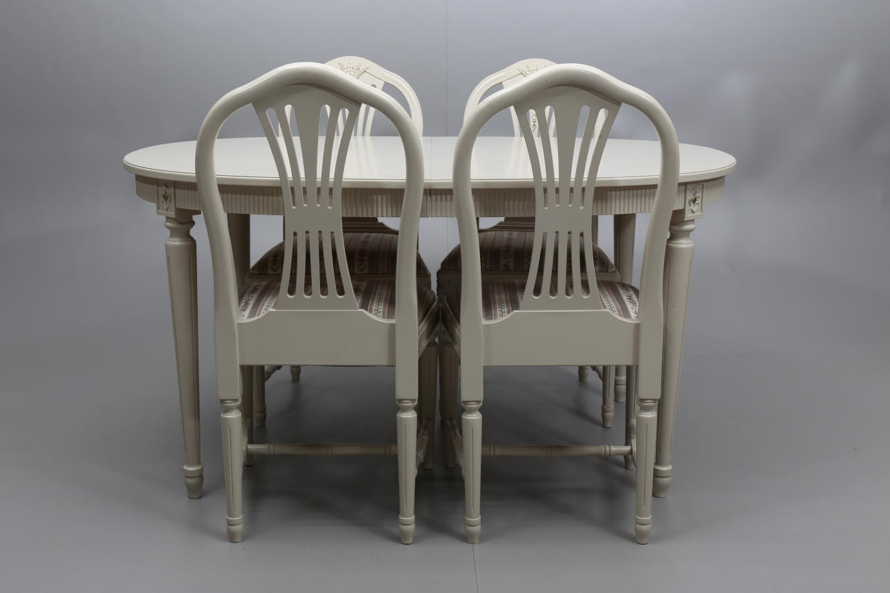 MATSALSMÖBEL, bord och 4 stolar, "Axet", antikvit, Gustaviansk stil, 1900-talets andra hälft.