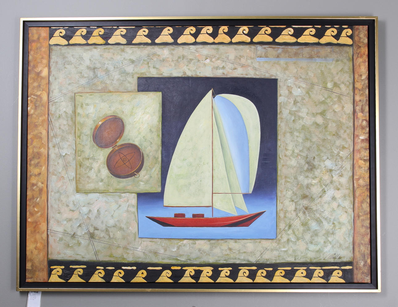 V MULLER. Komposition med segelbåt och kompass. Olja på duk. Sign.
