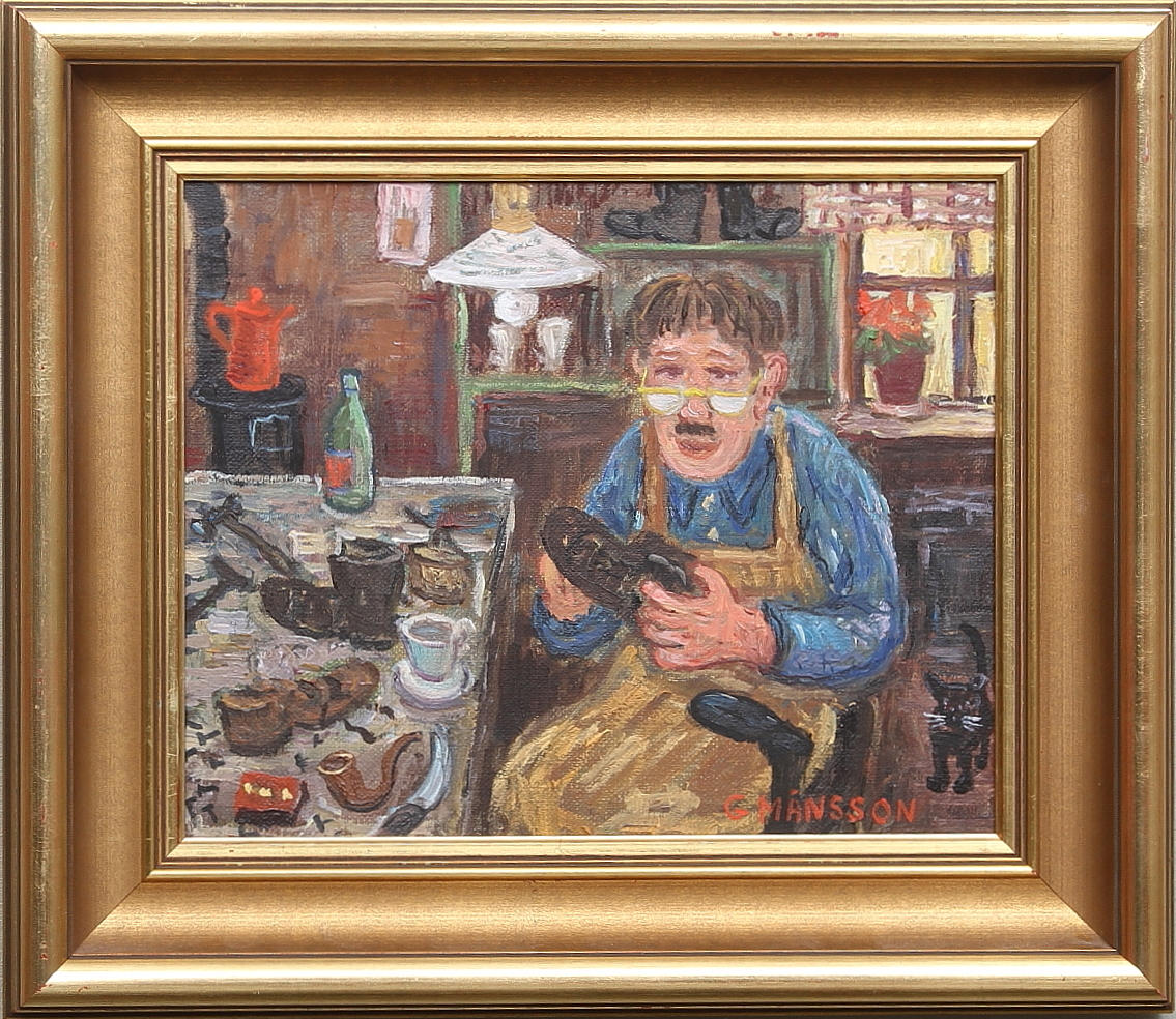GÖSTA MÅNSSON. "Skomakarn", Olja på duk. Signerad.