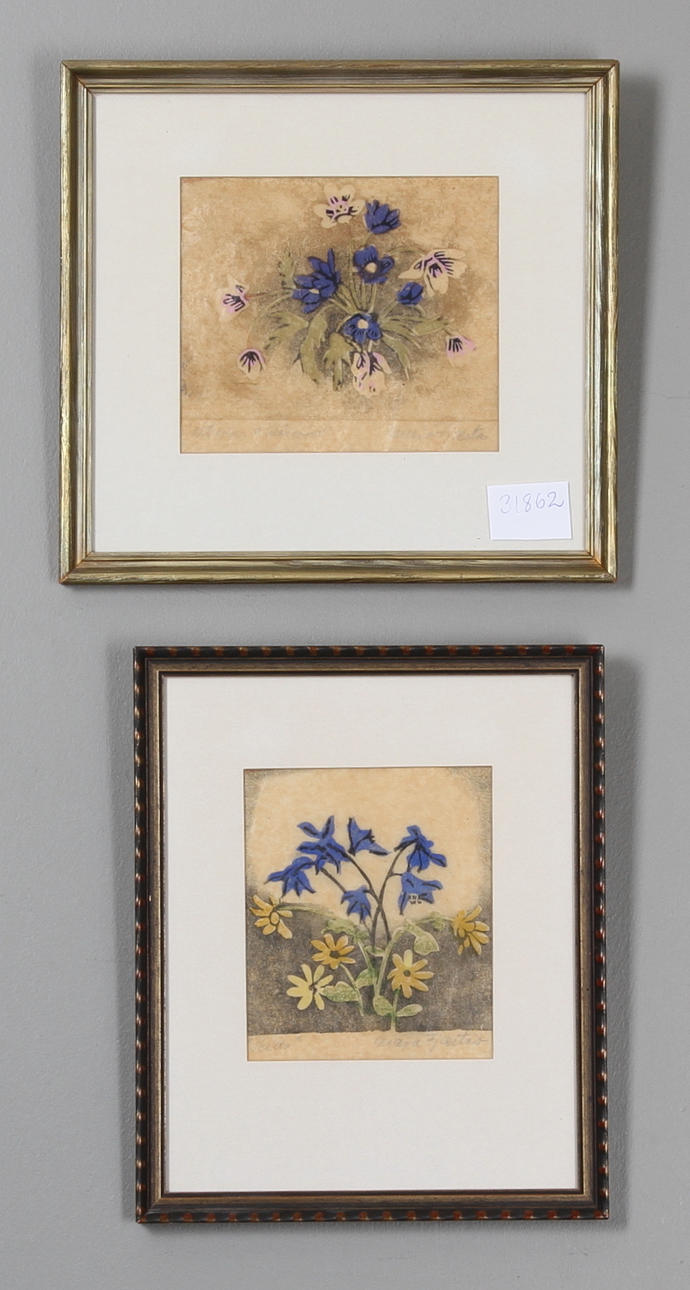 MAJA FJAESTAD. Blomterstycken,2 st färgträsnitt. Sign.
