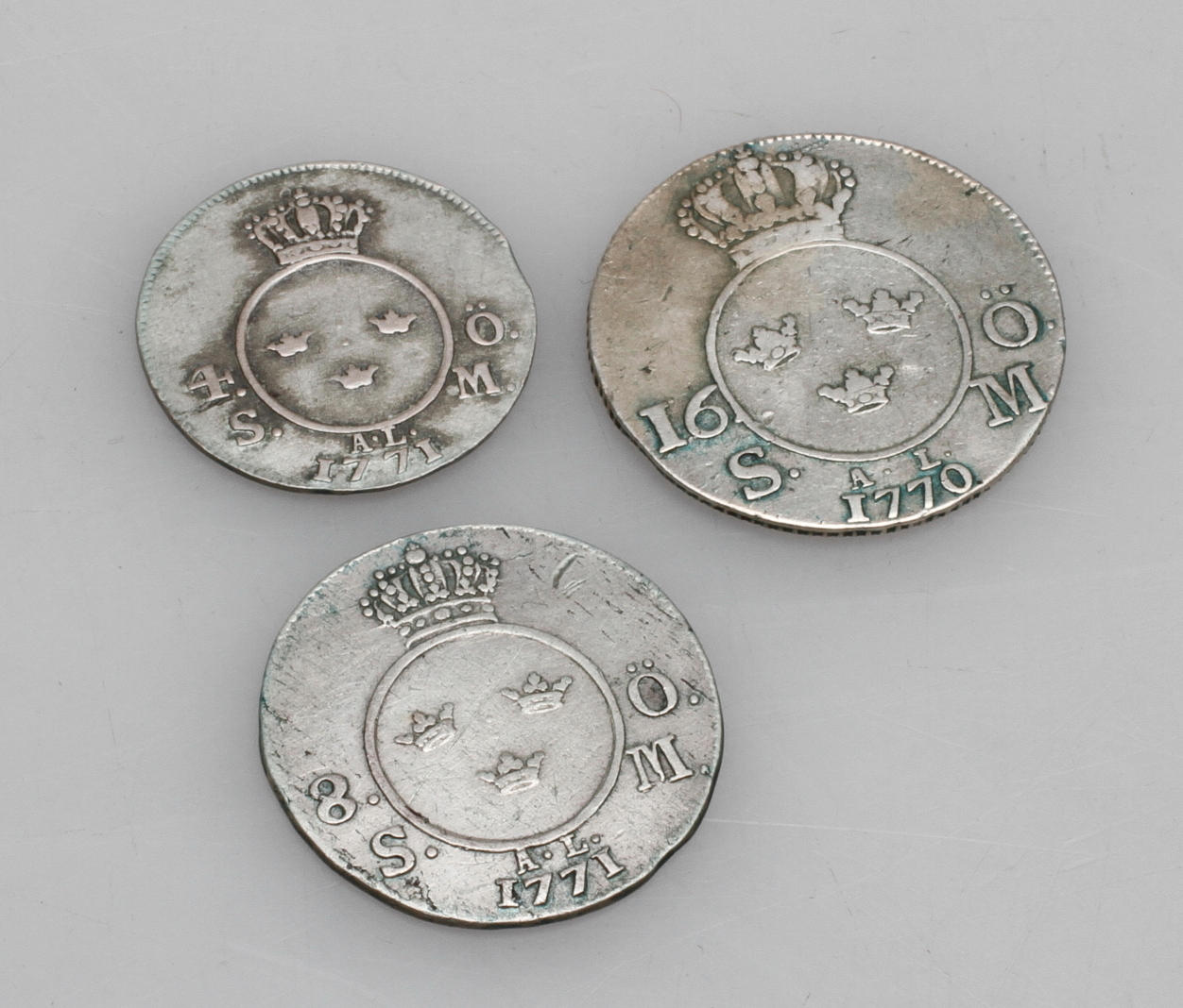 MYNT, 3 st, 4 öre, 8 öre samt 16 öre, Adolf Fredrik, 1770-1771.