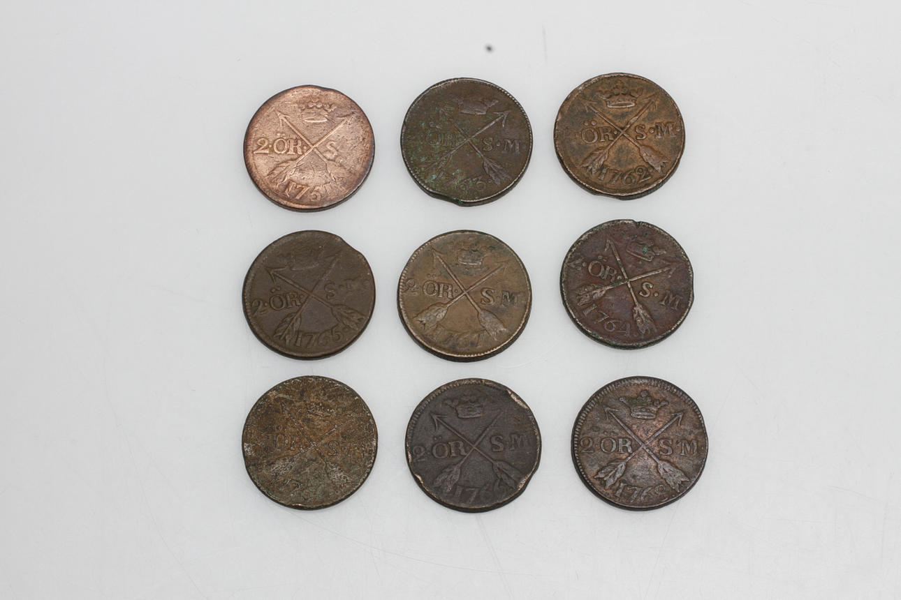 MYNT, 9 st, 2 öre SM, Adolf Fredrik 1750-1760-tal.