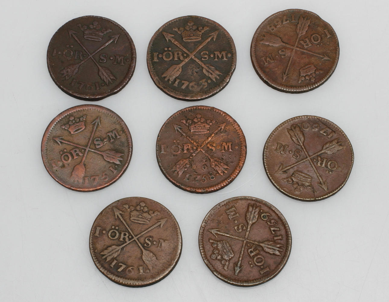 MYNT, 8 st, 1 öre SM, Adolf Fredrik, 1751,1758,1759,1760,1761,1763 samt 1768.