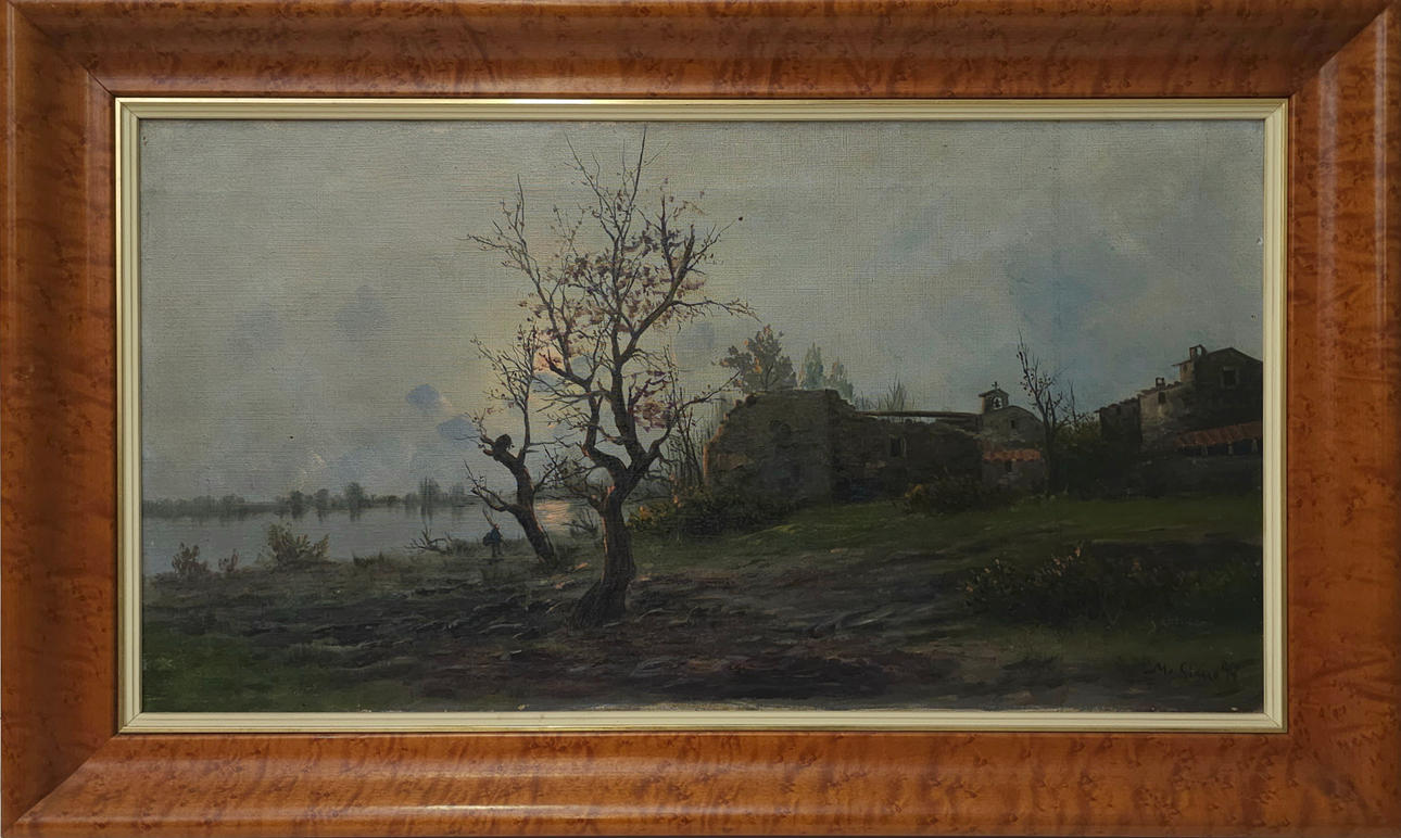 M. SIMON. OIL CANVAS. LANDSCAPE, WITH TOWN.