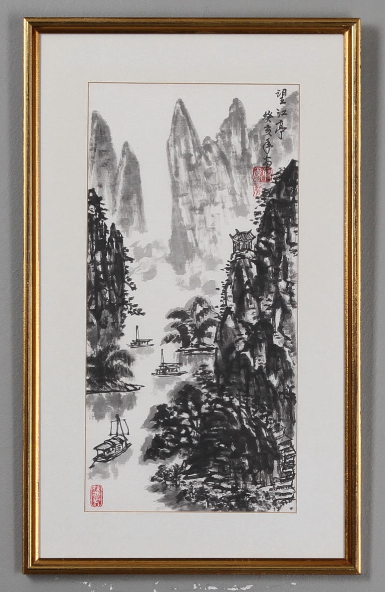 OKÄND KONSTNÄR, KINA/JAPAN. Klippigt flodlandskap. Tuschlavering.Stämpelsign.