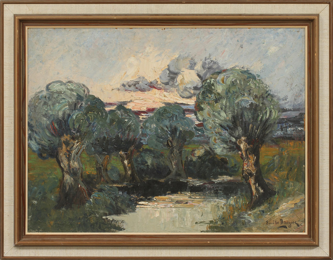 EMILE BREYSSE. "La mare au soleil couchant". Olja på pannå, signerad. Daterad 1938 a tergo.