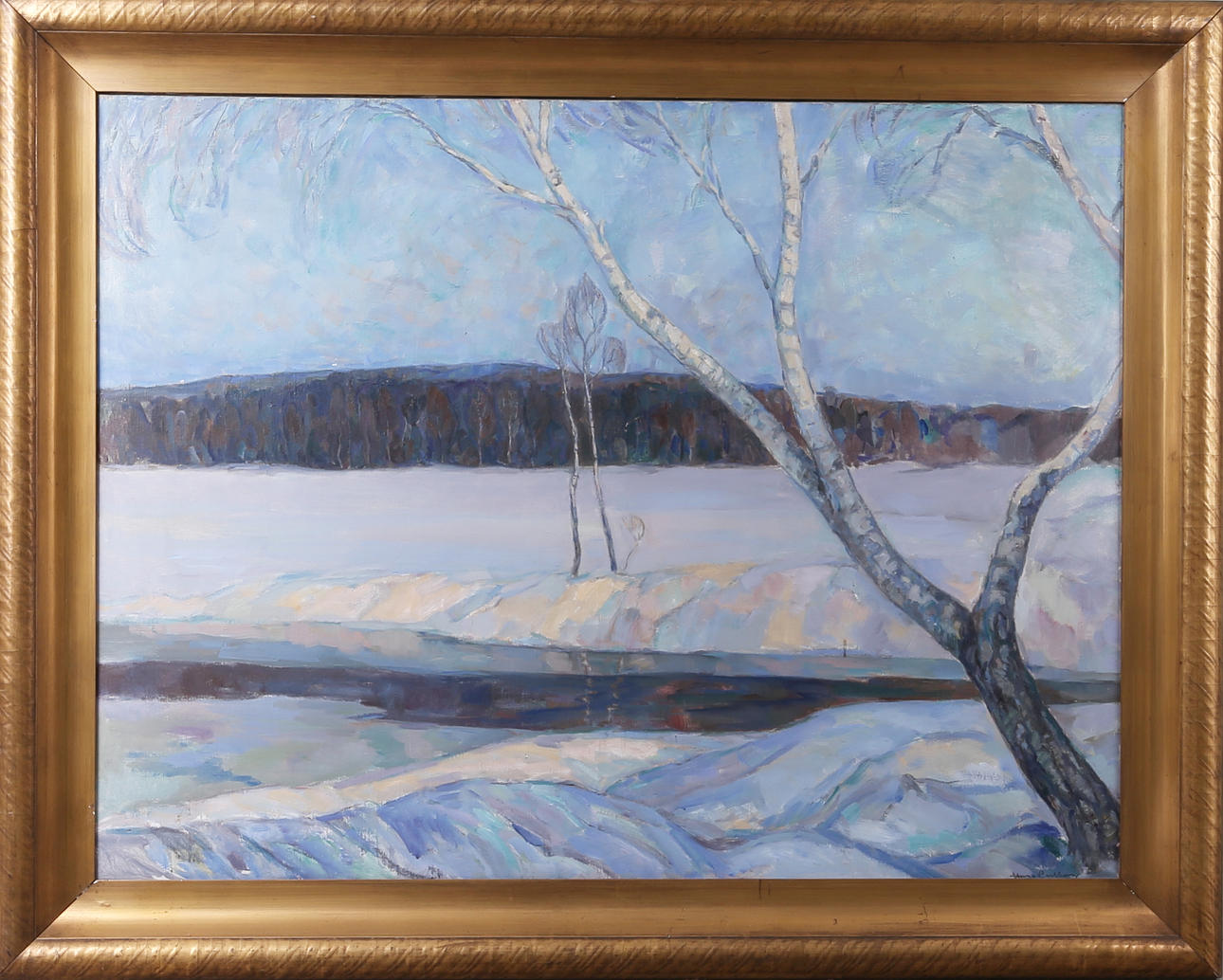 OIDENTIFIERAD KONSTNÄR. "Aftonsol över ån", olja på duk, signerad.