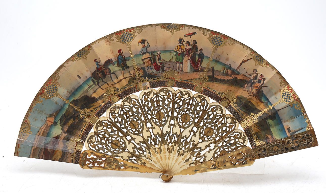 Louis Philippe fan with lithographed and illuminated leaves.