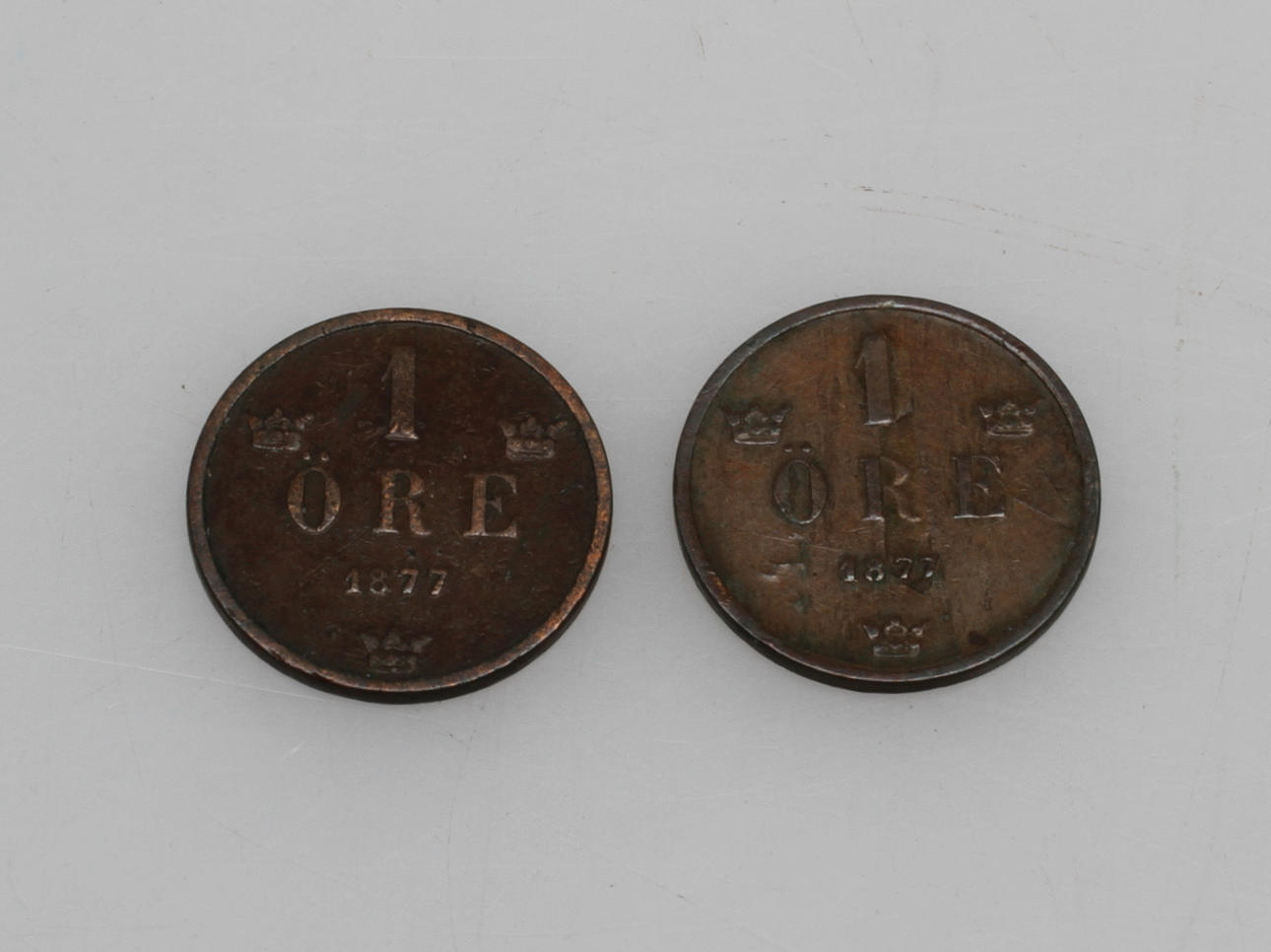 MYNT, 2 st, 1 öre, Oscar II, kort och lång text, 1877.