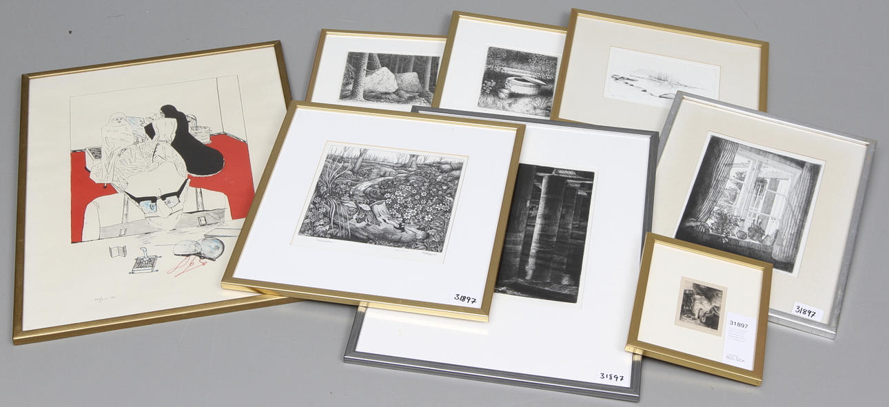 ÖSTGÖTAGRAFIKER: 8 BLAD. Etsningar och färggrafik.7X5,5 cm- 45X28 cm.