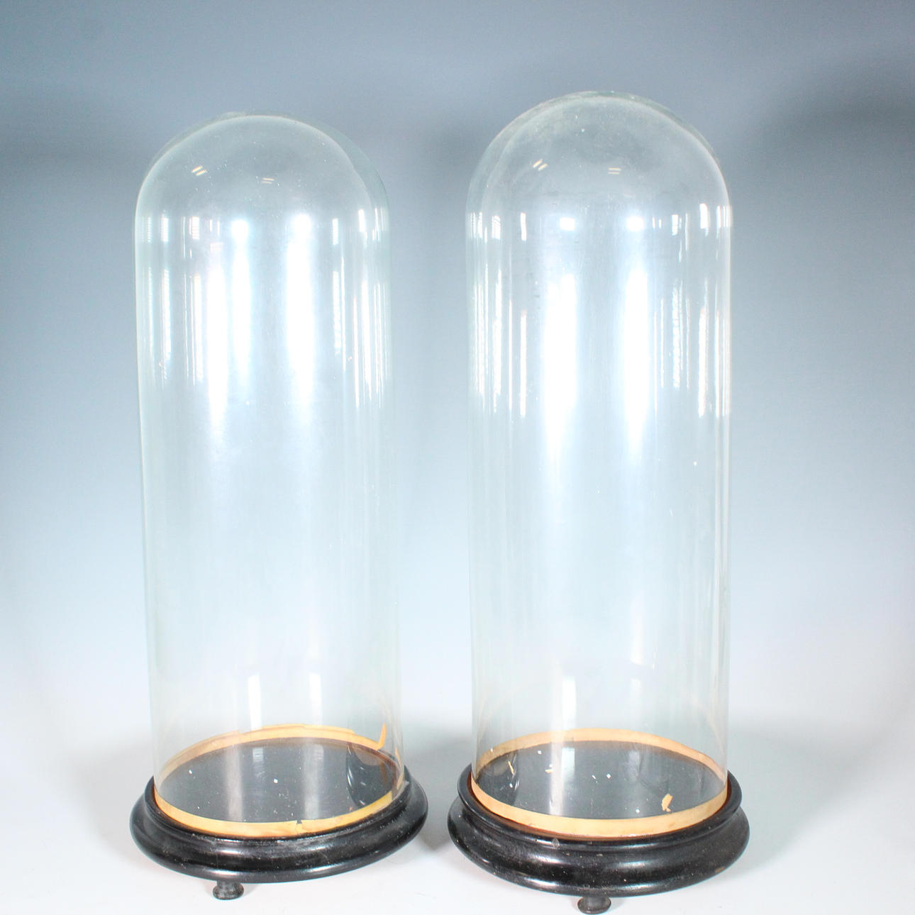 par de cúpulas de cristal sobre base de madera.