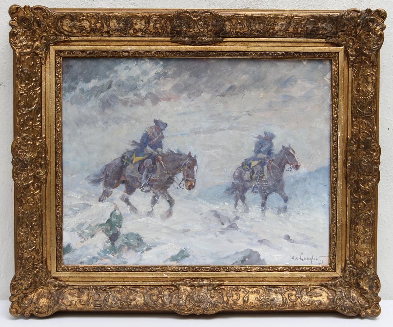 ALEX LANGLET. Olja på duk. Karoliner i snöstorm, signerad.