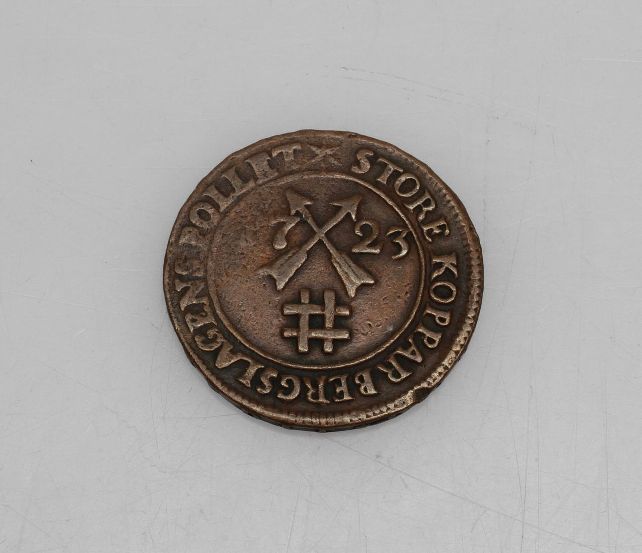 MYNT, koppar, 5 mark KM, STORE KOPPARBERGSLAGENS POLLET, 1723.