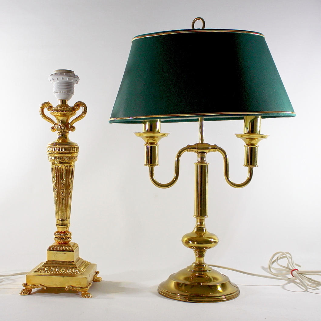 BORDSLAMPOR, 2 st, 1 st mässing "Dahlquist Johansson" 1 st, förgyllt gjutgods.