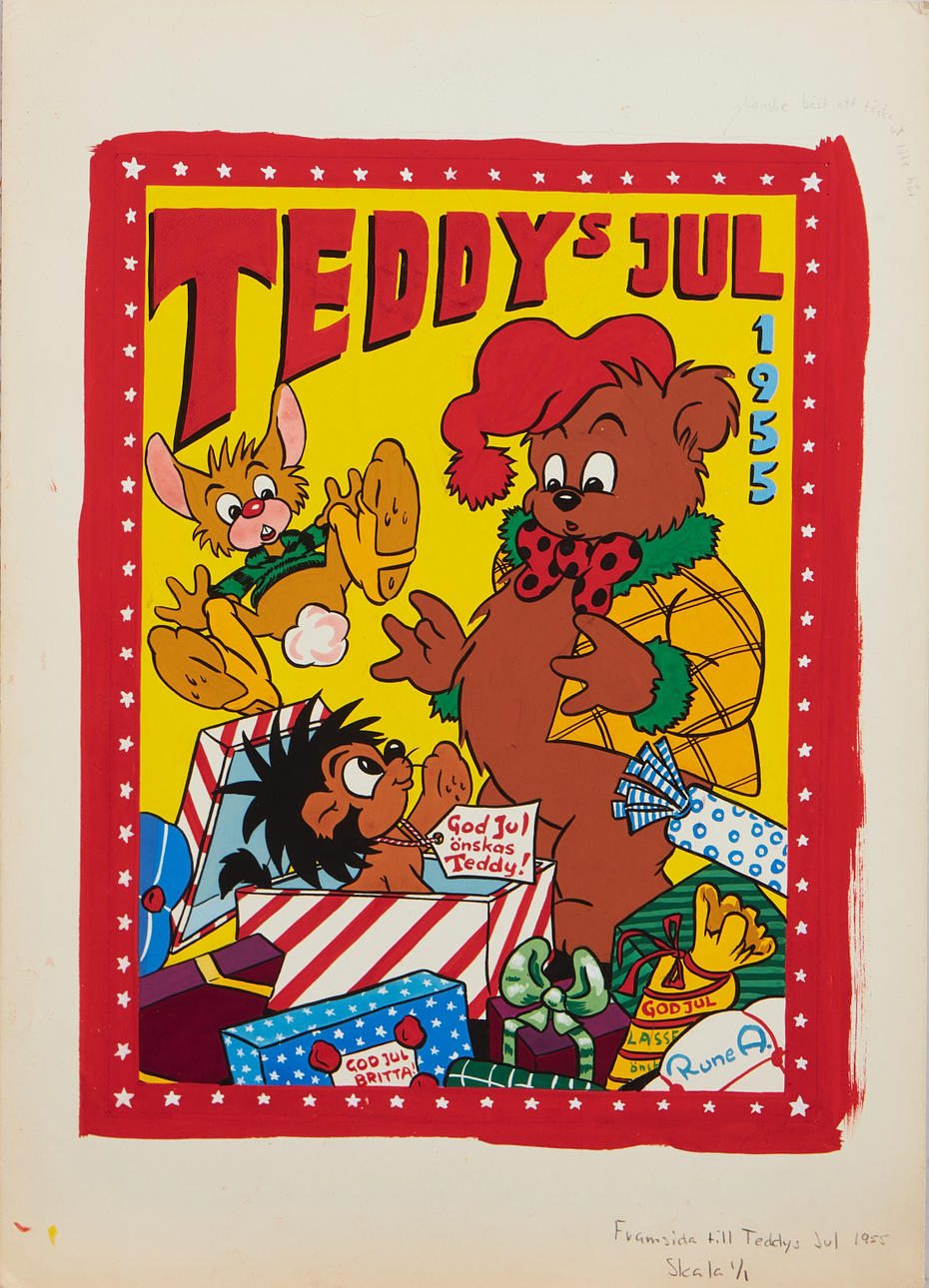 RUNE ANDRÉASSON. Original cover for “Teddy's Jul” (unpublished) 1955, signed Rune A, watercolour and ink.
