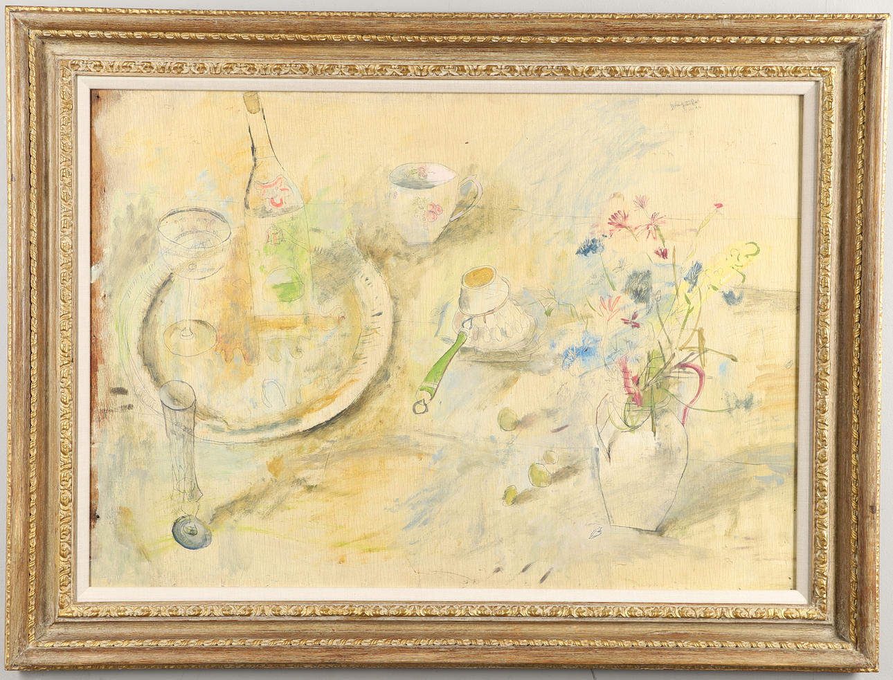 JOHN BROMFIELD GAY-REES (1912-1965). STILL LIFE WITH WINE, GLASSES,TEACUP AND VASE OF FLOWERS.