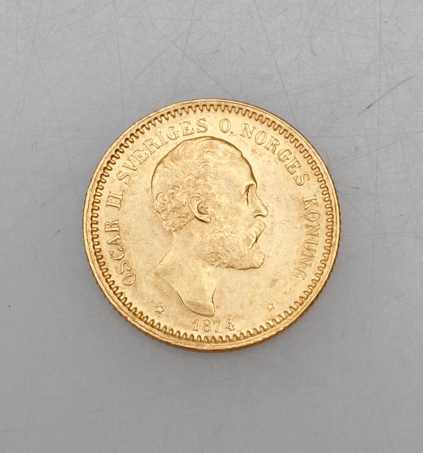 MYNT, guld, 10 kr, Oskar II, 1874.