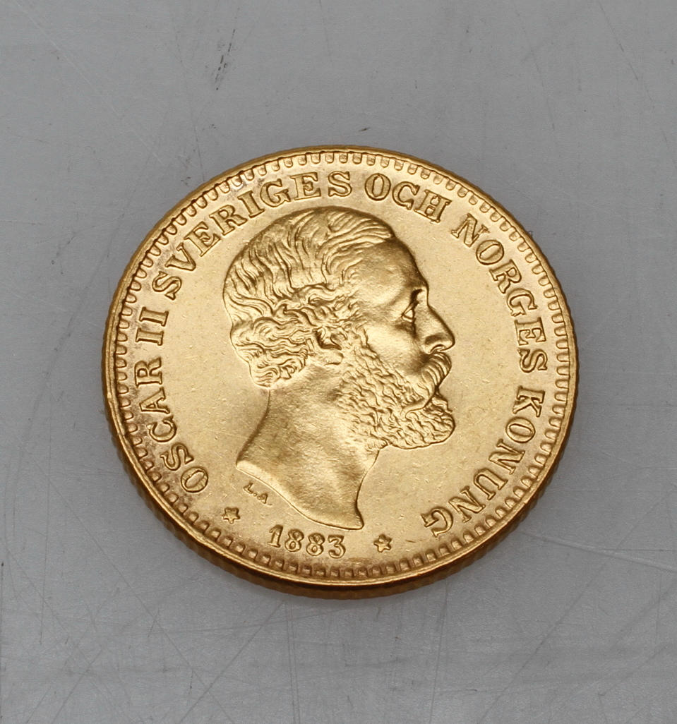 MYNT, guld, 10 kr, Oskar II, 1883.