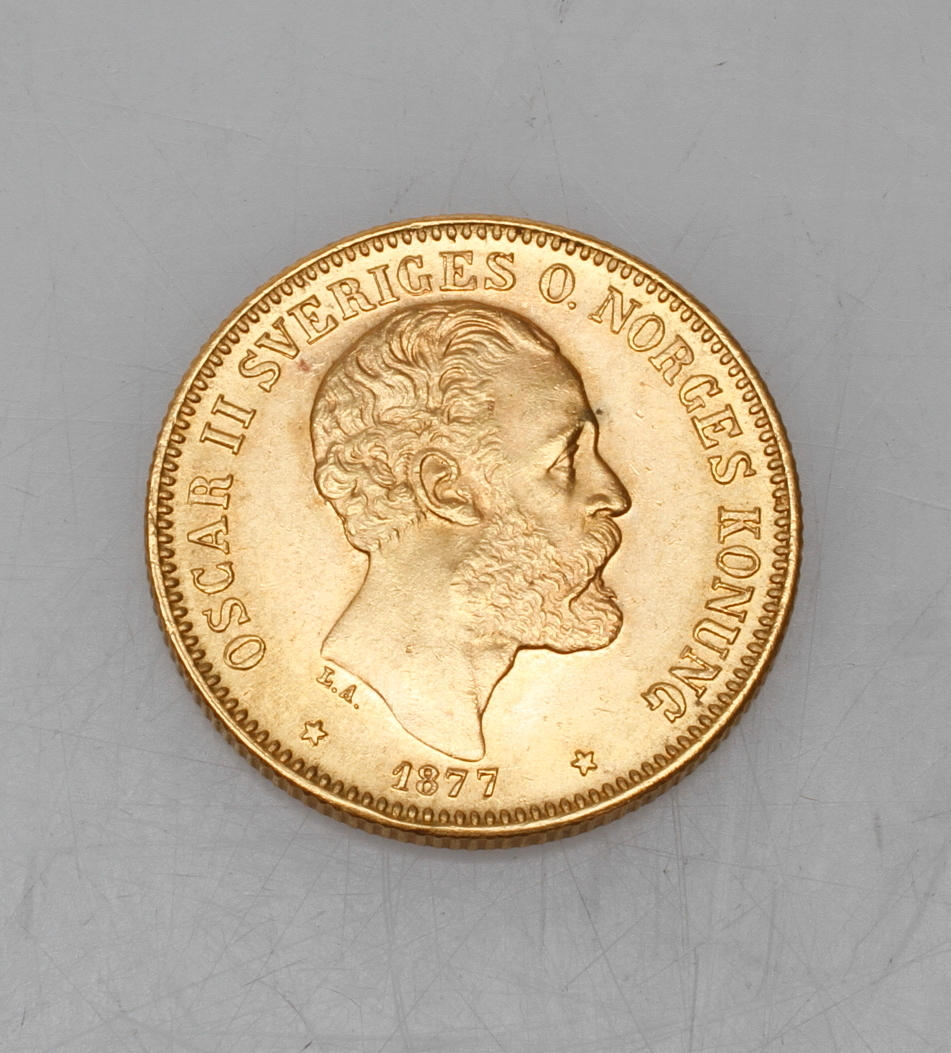 MYNT, guld, 20 kr, Oskar II, 1877.