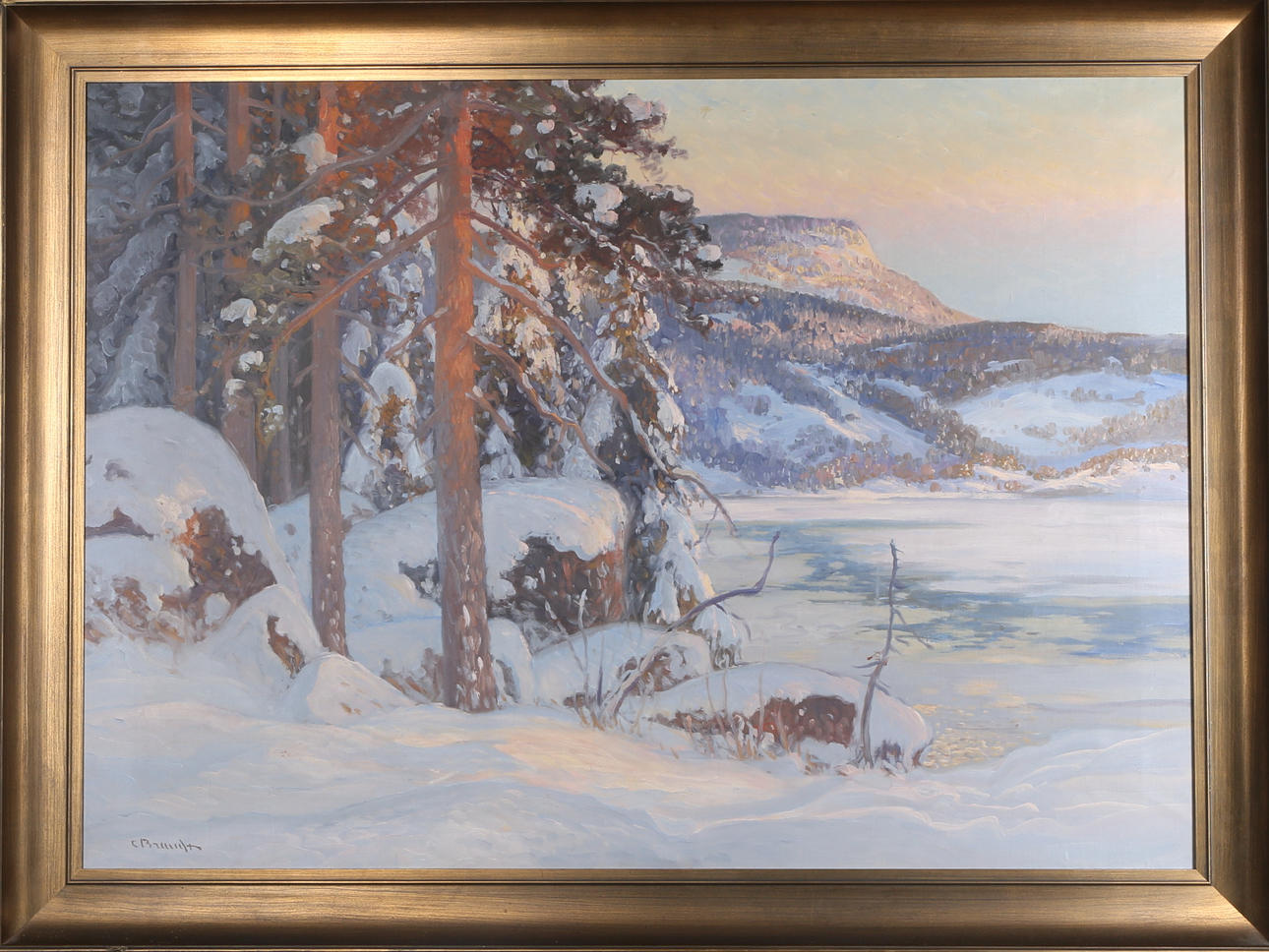 CARL BRANDT. Vinterlandskap med Åreskutan i bakgrunden, olja på duk, signerad C Brandt.