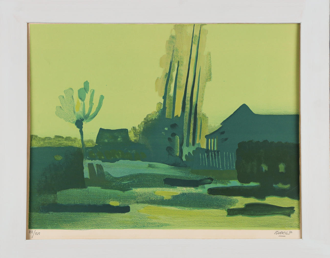 ROLAND BIERGE. color lithograph, composition in green, signed Bierge.