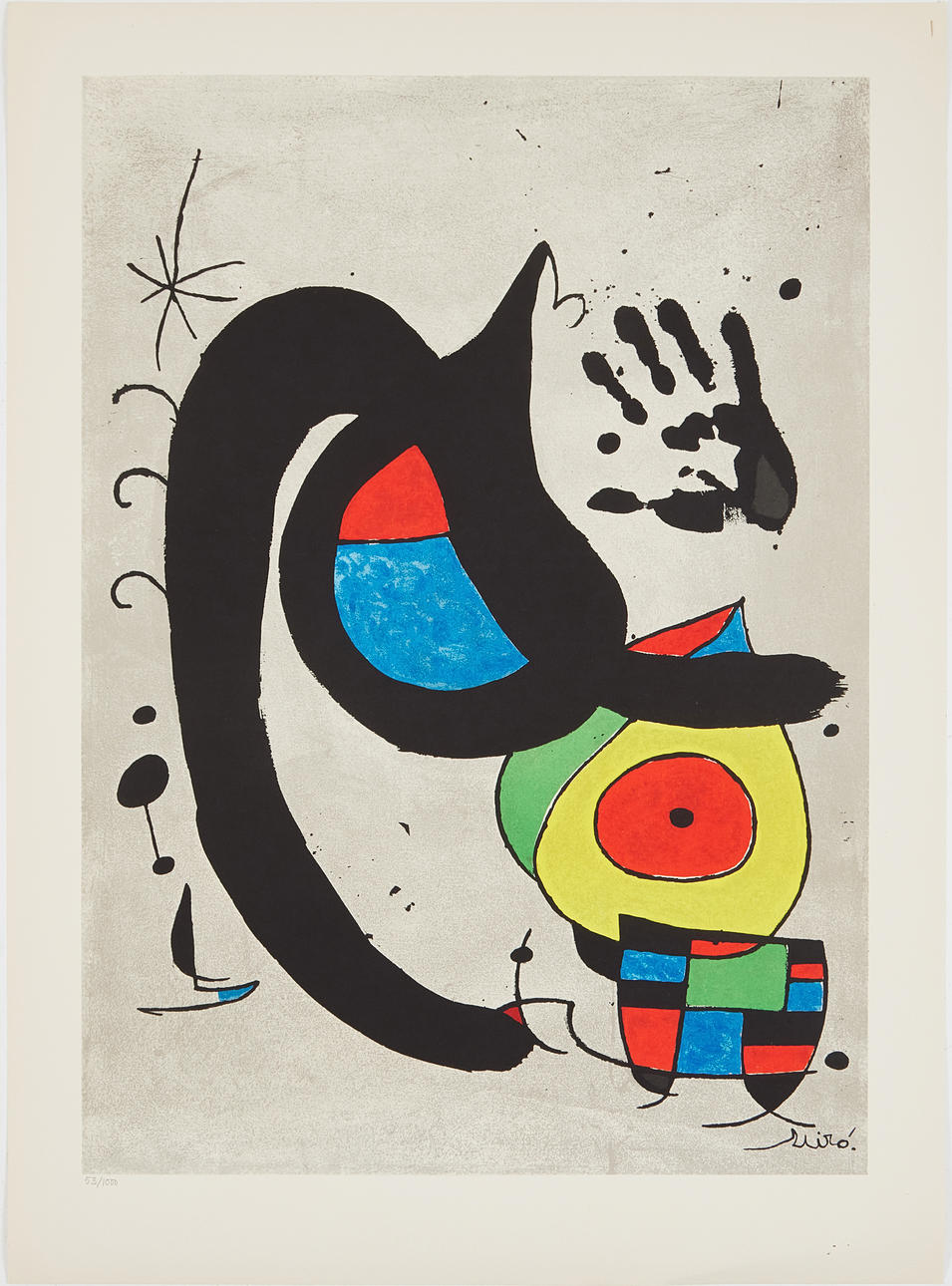 JOAN MIRÓ. After. composition with handprint, lithograph in colours, signed on the plate, numbered 53/1000.
