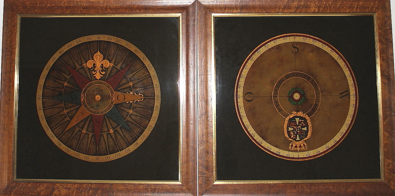 OIDENTIFIERAD KONSTNÄR. GLASMÅLNING, 2 st, solkompasser, England.