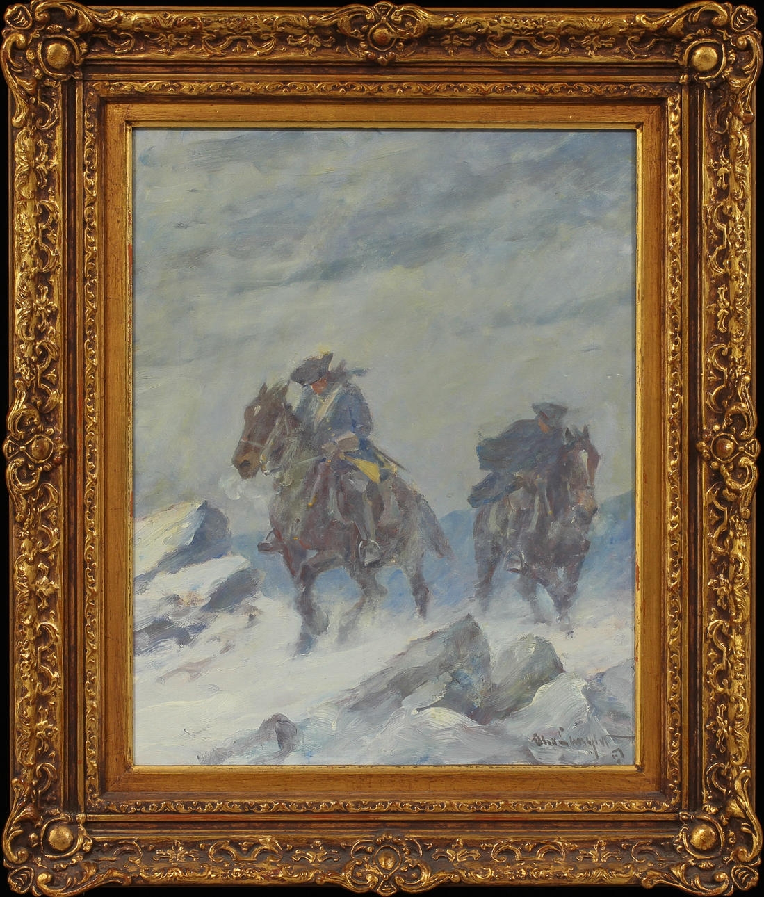 ALEXANDER LANGLET. Karoliner i vinterlandskap, olja på duk, signerad.