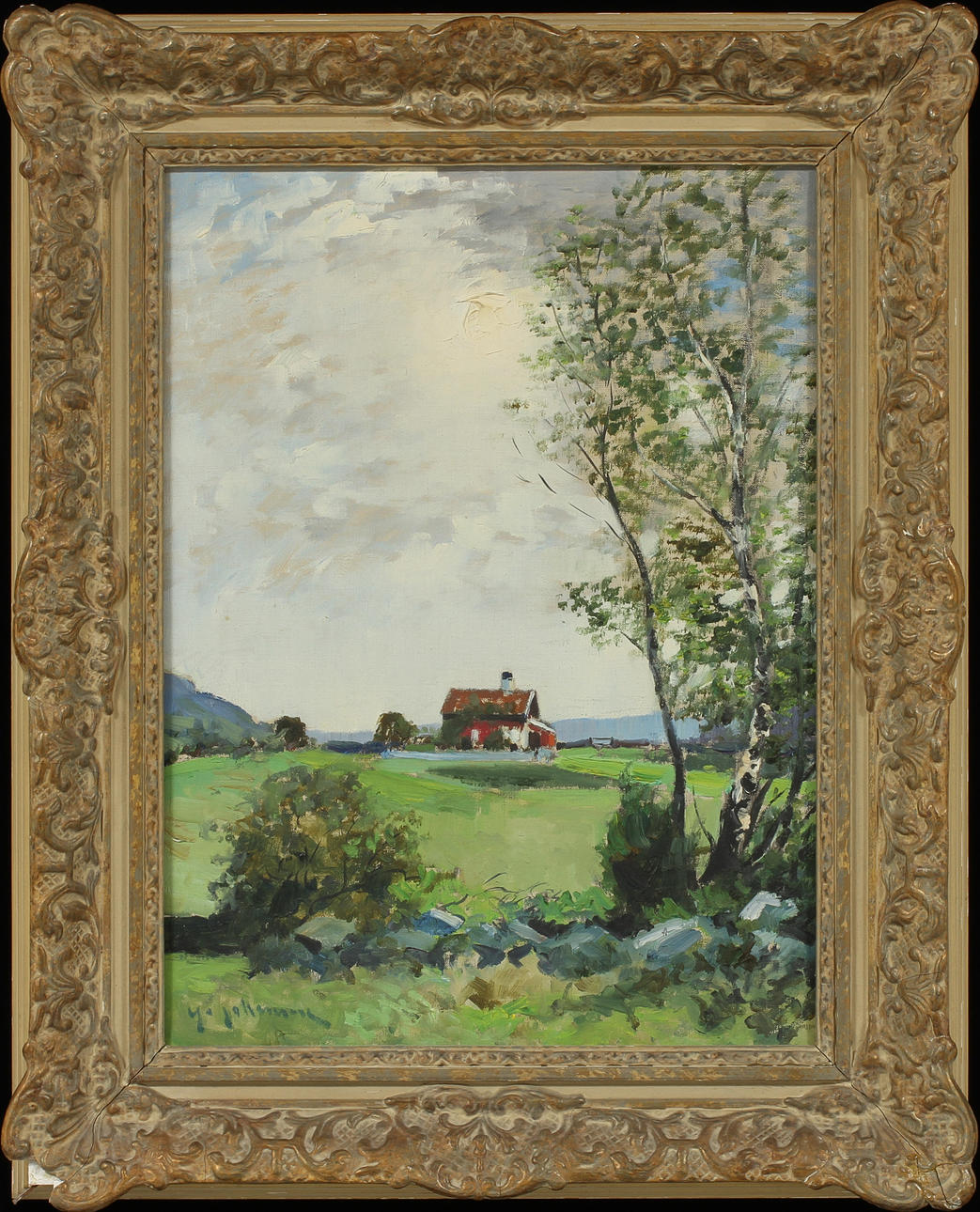 YO JOHANSSON. Landskap med rött hus, olja på duk, signerad.