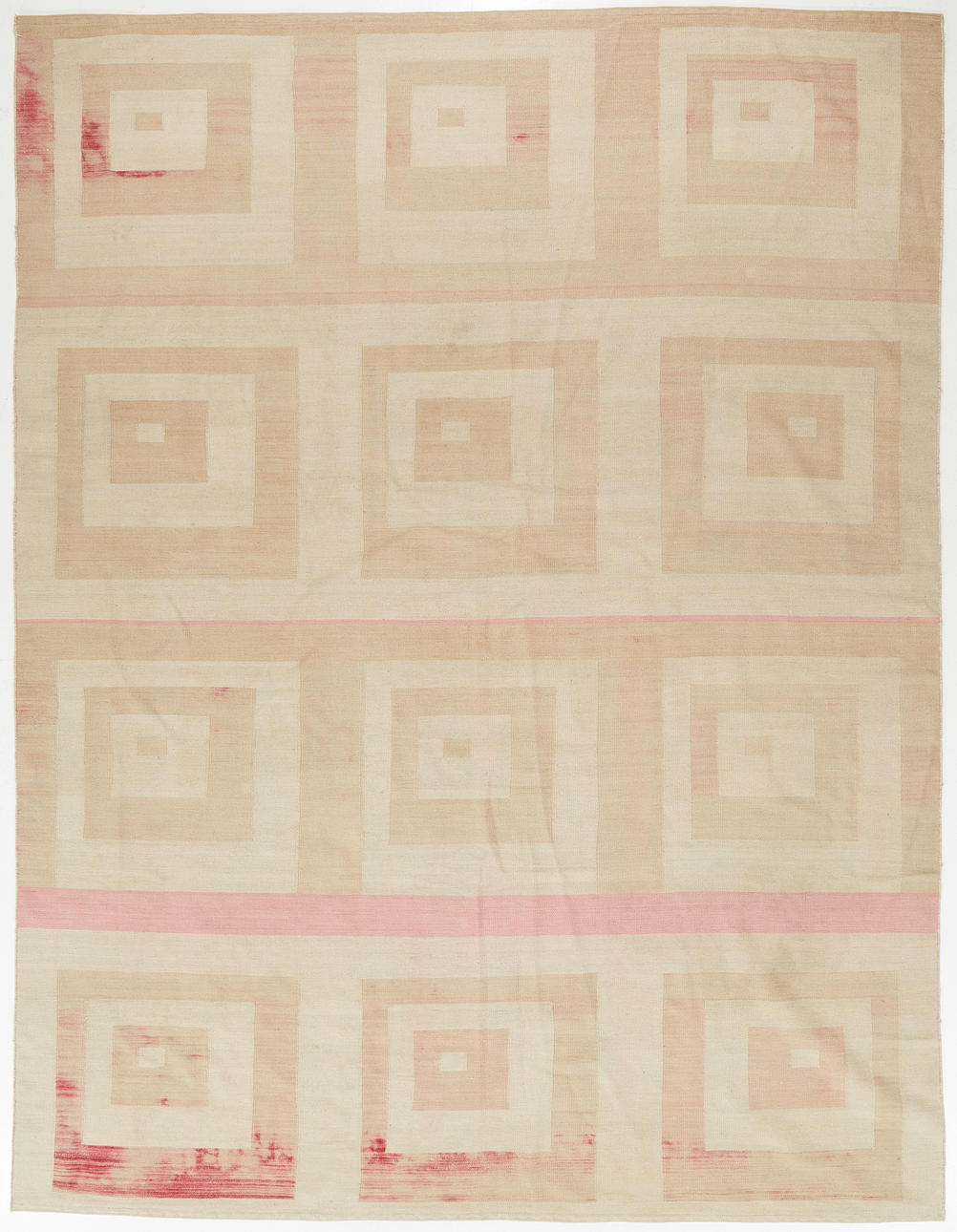 TEPPICH, schlicht gewebt, beige mit rosaroten Elementen.