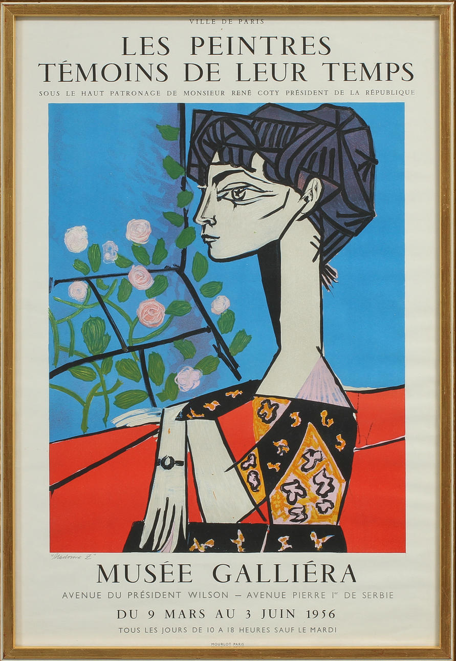 PABLO PICASSO. EFTER. Les Peintres témoins de leur temps. Utställningsaffisch, Mourlot Paris 1956.