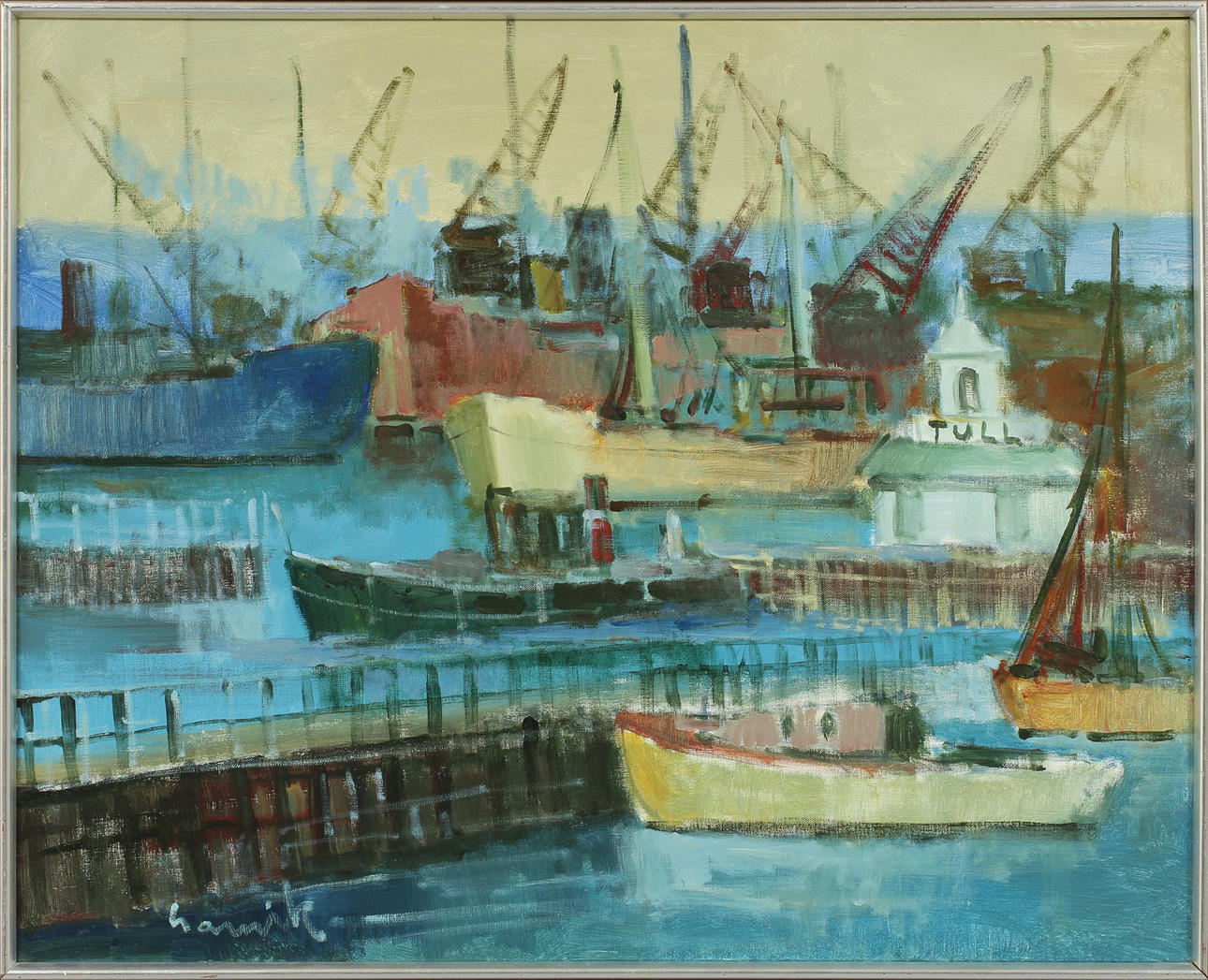 TAGE GAVIK. "Hamnen Göteborg", olja på duk, signerad.