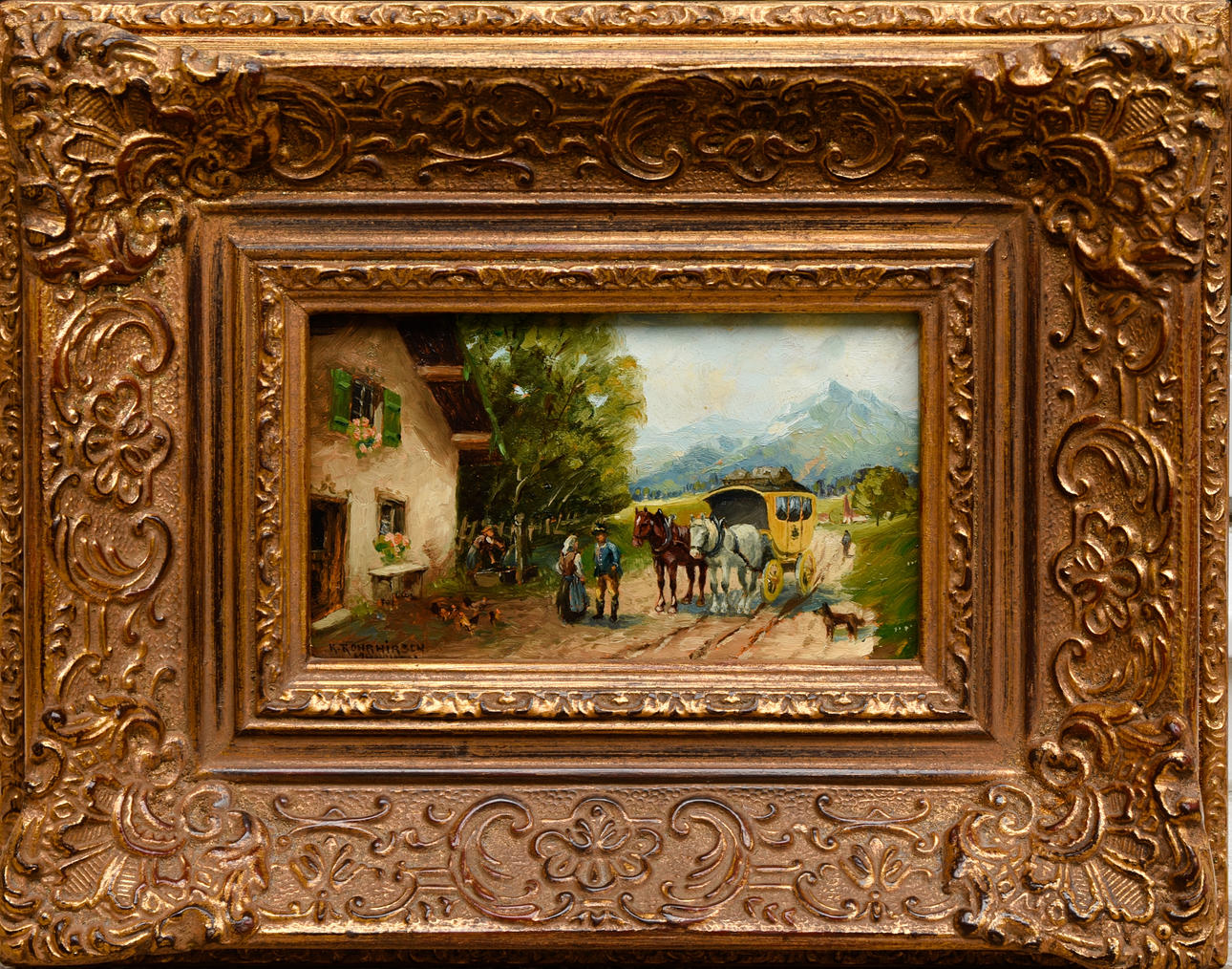 KARL ROHRHIRSCH. ”Die Begegn/Poststation”, olja på pannå, 1875-1954.