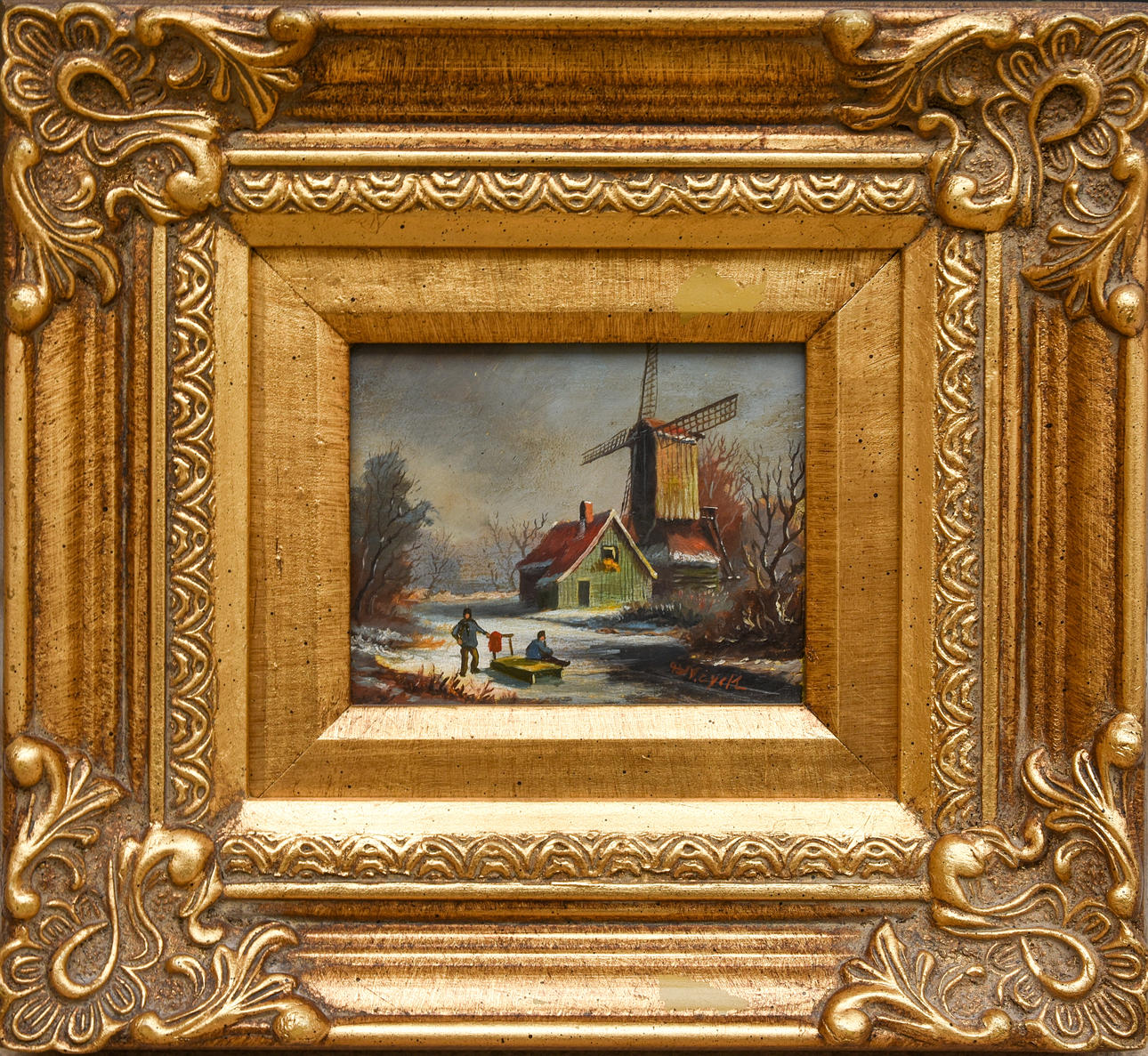 ”Winter Landscape with Windmill”, olja på pannå, signerad P. van Eyck, 1900-tal 1800-talet nederländerna.