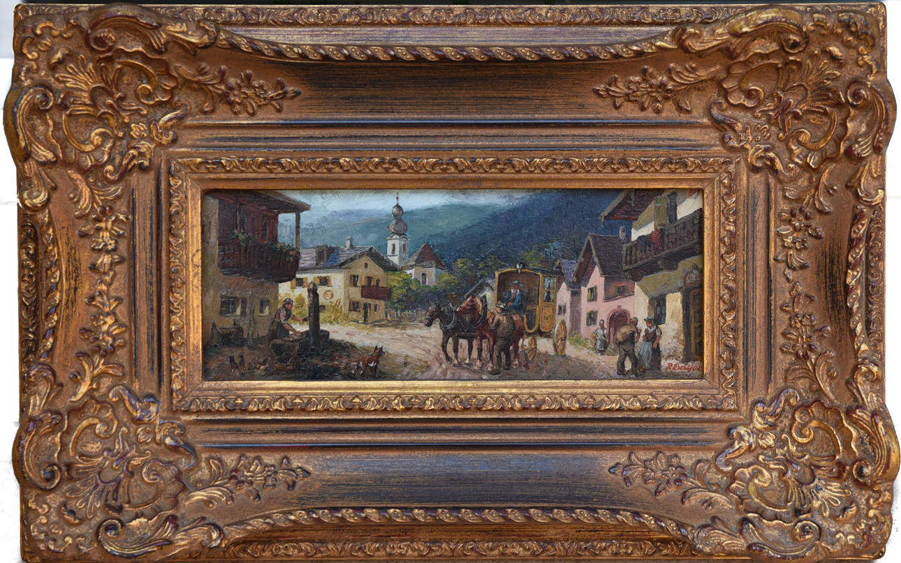 P. BAYER. ”Arrival of the stagecoach”, olja på pannå, signerad P. Bayer.