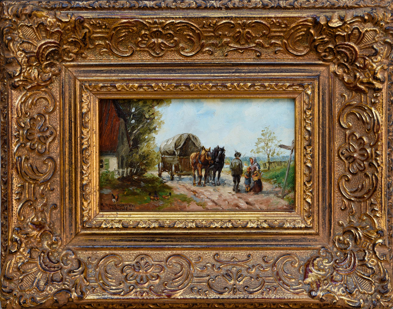 KARL ROHRHIRSCH. ”Die Begegnung bei der Poststation”, olja på duk, signerad Karl Rohrhirsch München.