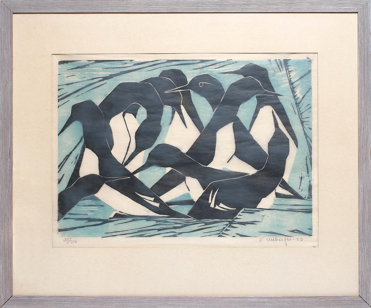 KURT ULLBERGER. Pingviner, träsnitt. Signerad, daterad och numrerad, 25/310, -53.