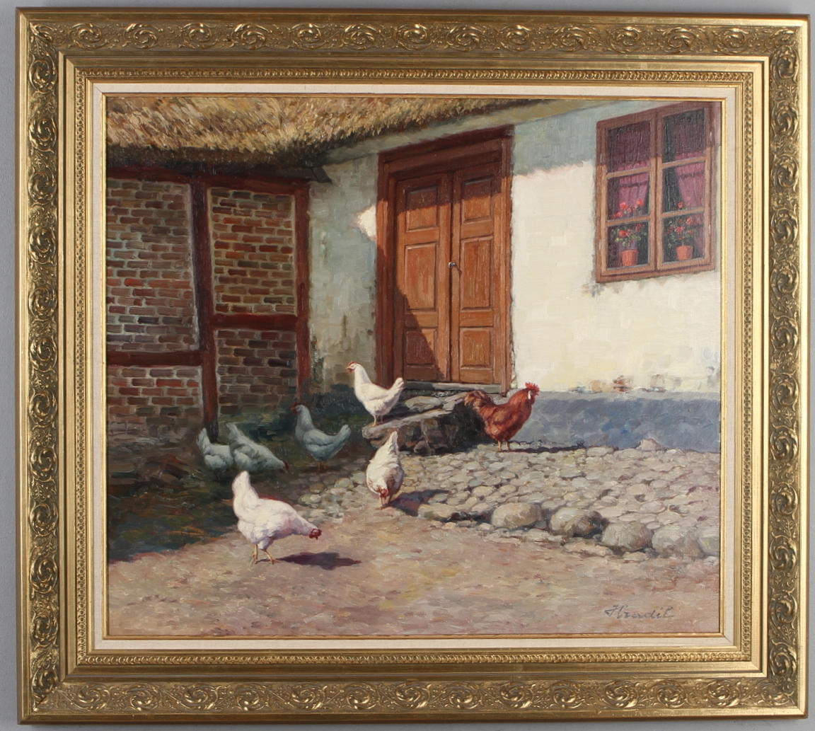 BELA HRADIL. Gårdsmotiv med höns och tupp, olja på duk, signerad.