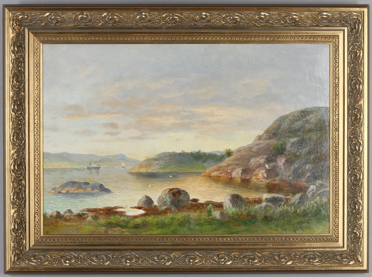 JOHNNY MILLAR. TILLSKRIVEN. Skärgårdsmotiv med ångbåt, olja på duk, monogramsignerad.