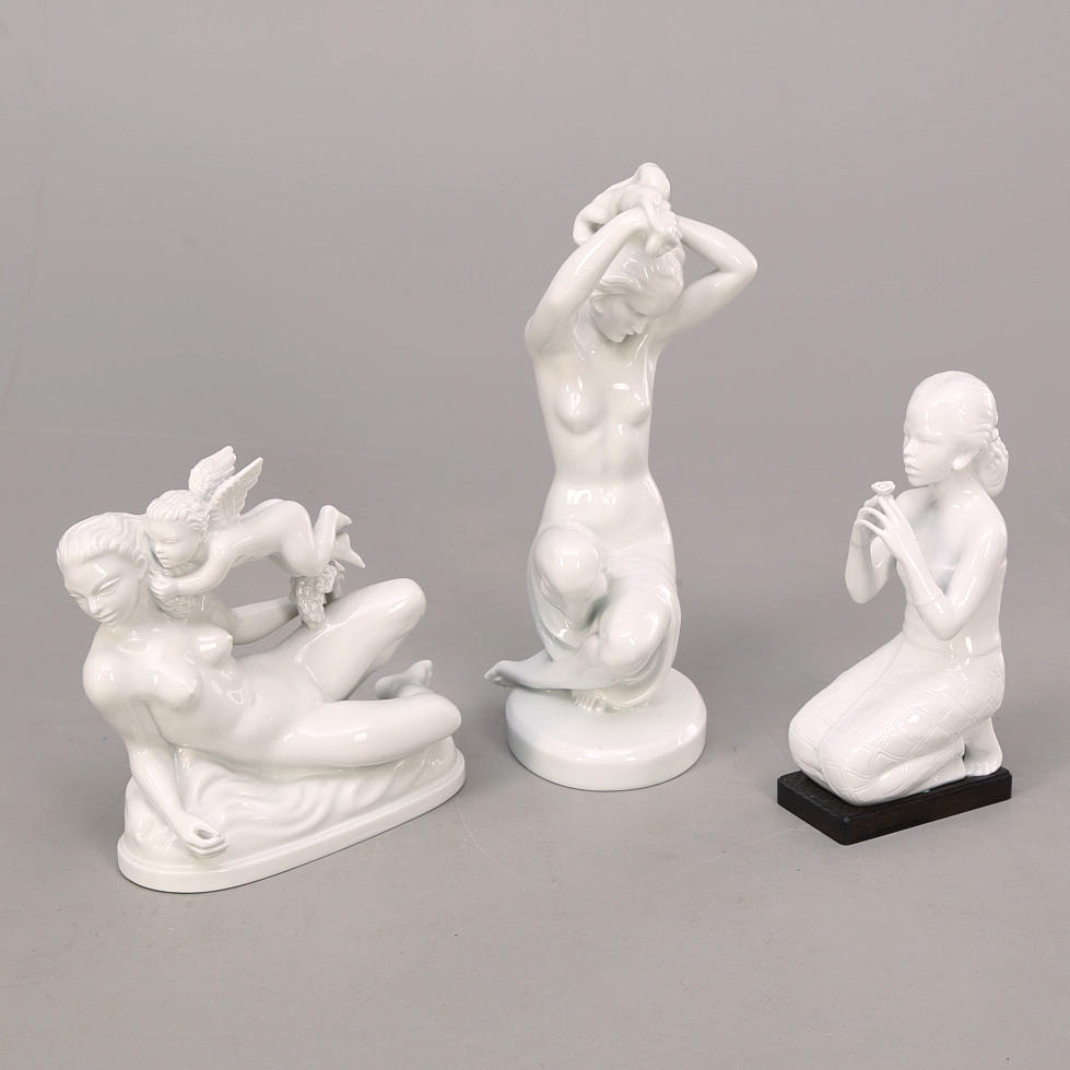 FIGURINER, porslin, 3 st, vitglaserade, Herend, Ungern, Rörstrand.