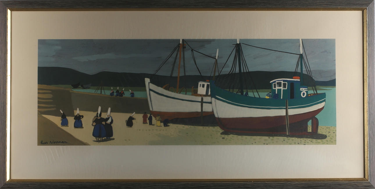 LARS NORRMAN. Fiskebåtar, reproduktion, 28,5 x 79,5 cm.