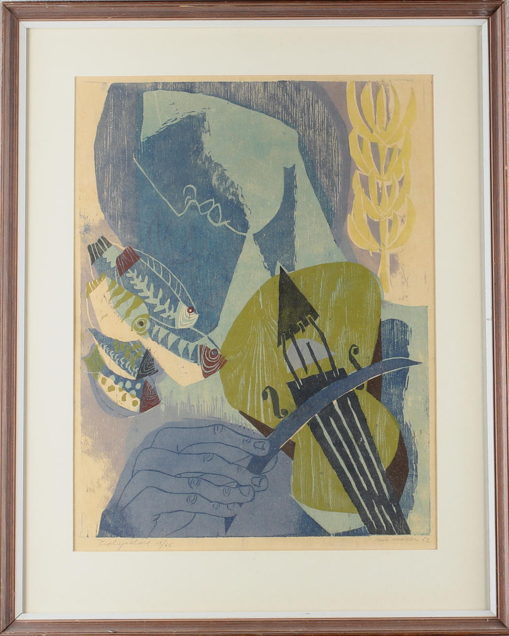 NILS MÖLLER. "Fiolspelare", färglitografi, signerad daterad samt numrerad 18/65.