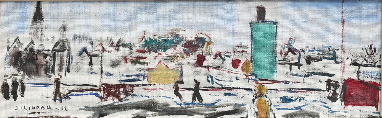 STEN LINDAHL. Vy från norra kajen, Oskarshamn. Olja på duk, signerad, otydligt daterad, 1960-tal.