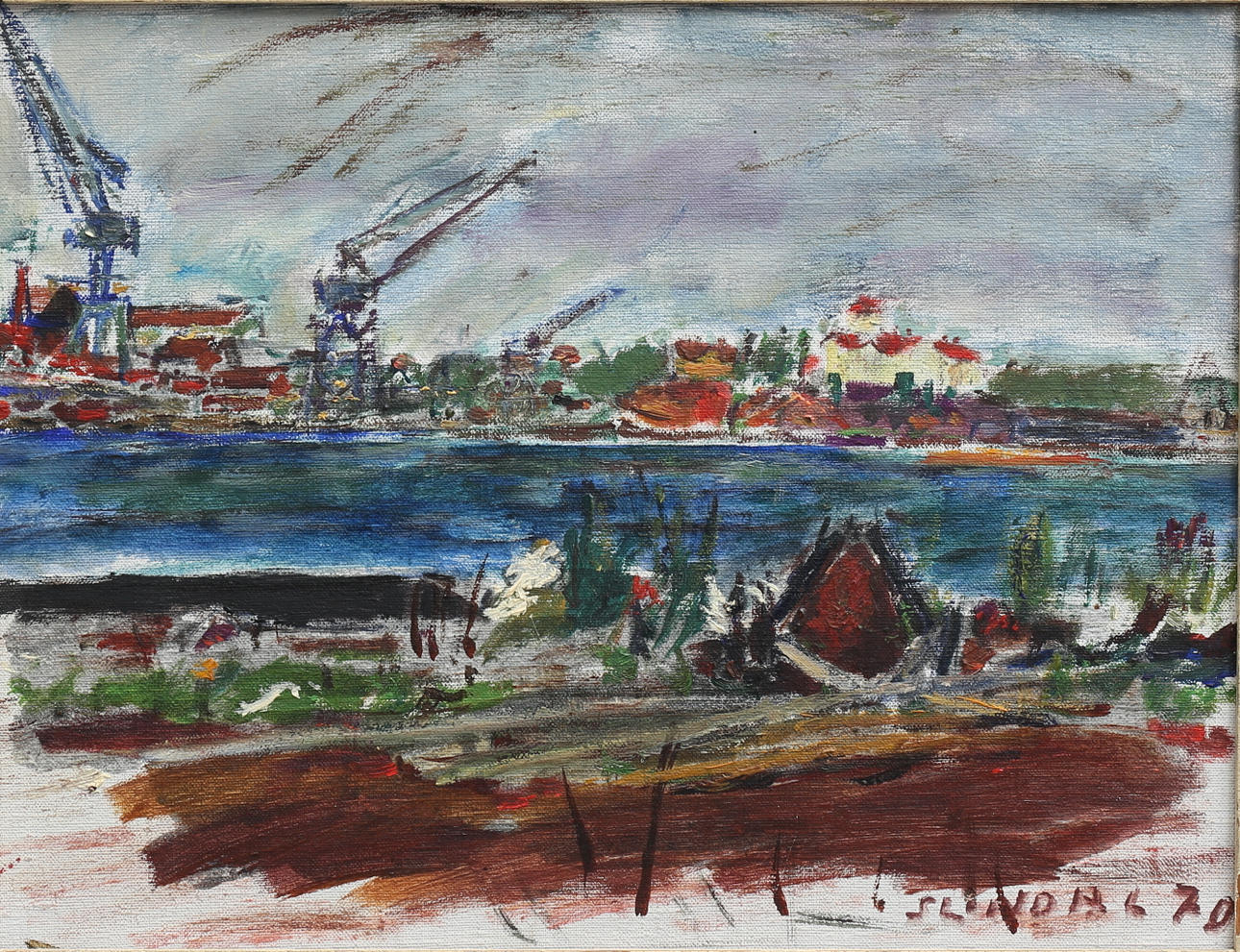 STEN LINDAHL. Varvet, Oskarshamn. Olja på duk, signerad, daterad 70.