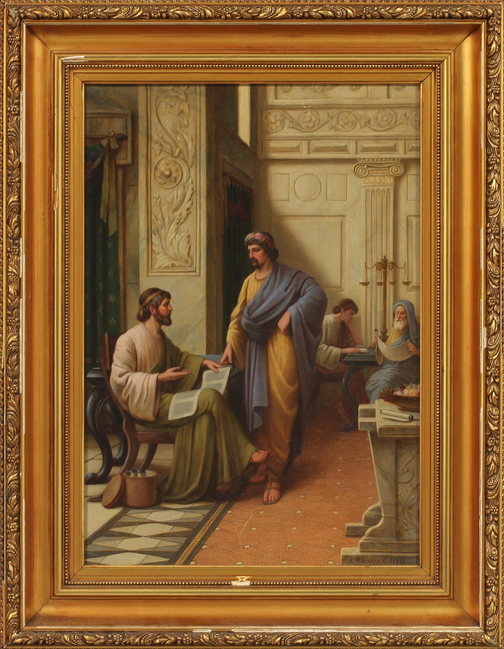 R RAMSAY RUSSELL. Figurscen, olja på duk, signerad.