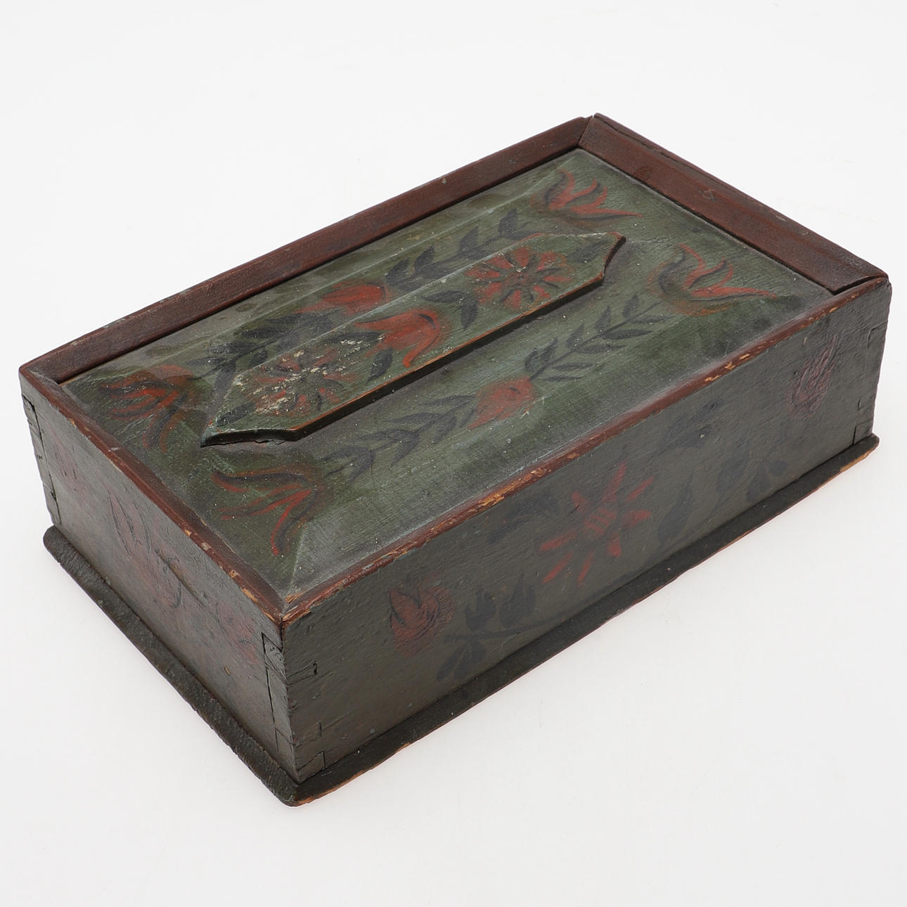 TIMPLÅDA, allmoge, målad dekor, skjutbart lock, 1800-tal.