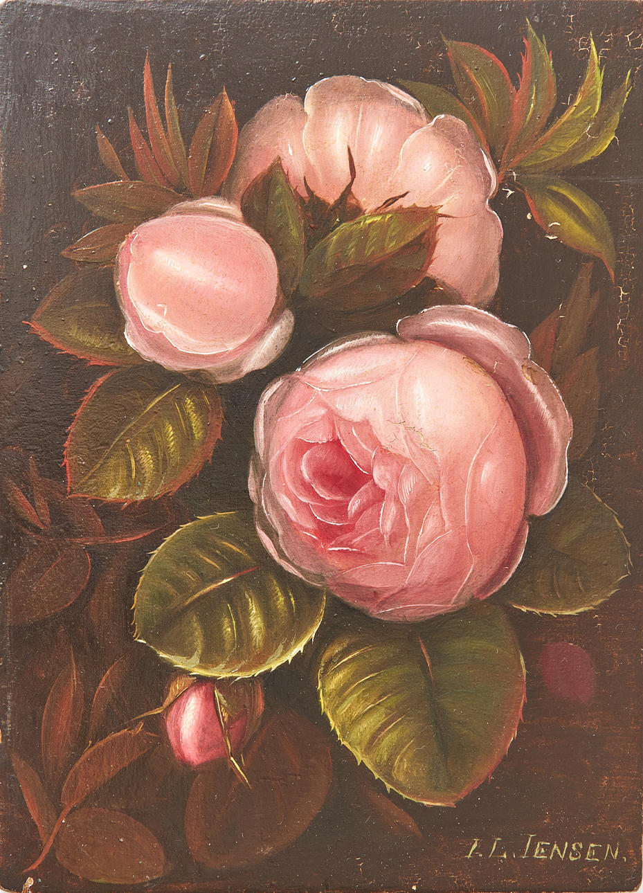 Johan Laurentz Jensen, attributed (Denmark, 1800-1856): Still life with roses. bears signature I L Jensen. Board 16 x 12 cm.