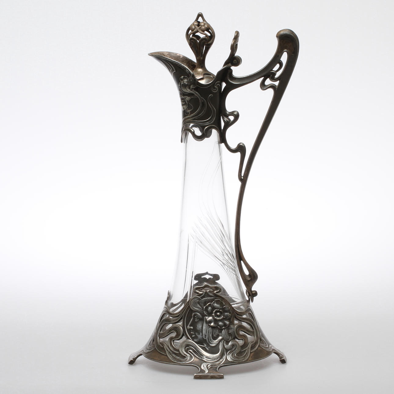 KARAFF, glas och metall, Jugend, Wurtembergische Metallwaren Fabrik (WMF), tidigt 1900-tal.