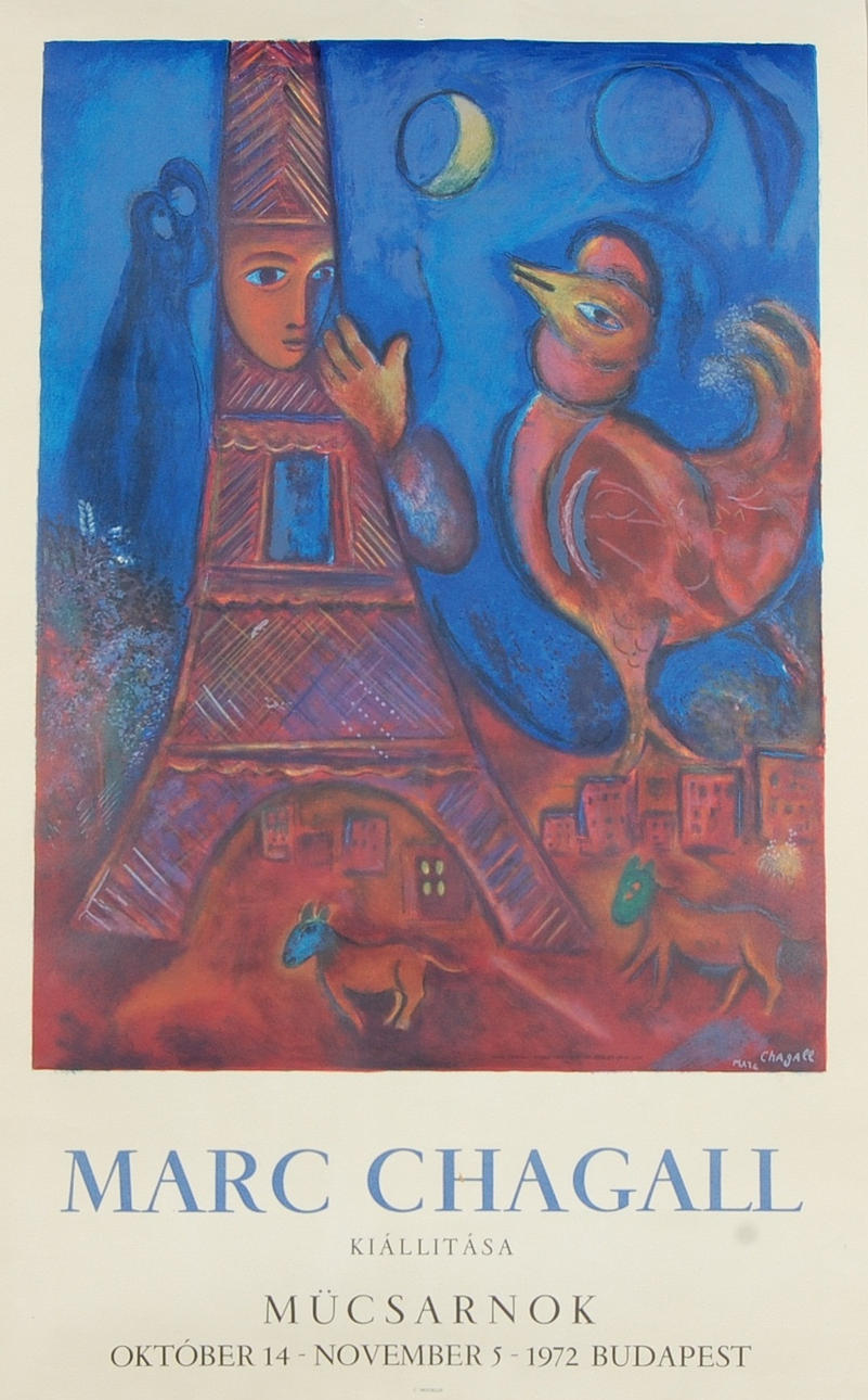 MARC CHAGALL. LITOGRAFISK UTSTÄLLNINGSAFFISCH, Buddapest 1972, tryckt på Mourlot Paris.