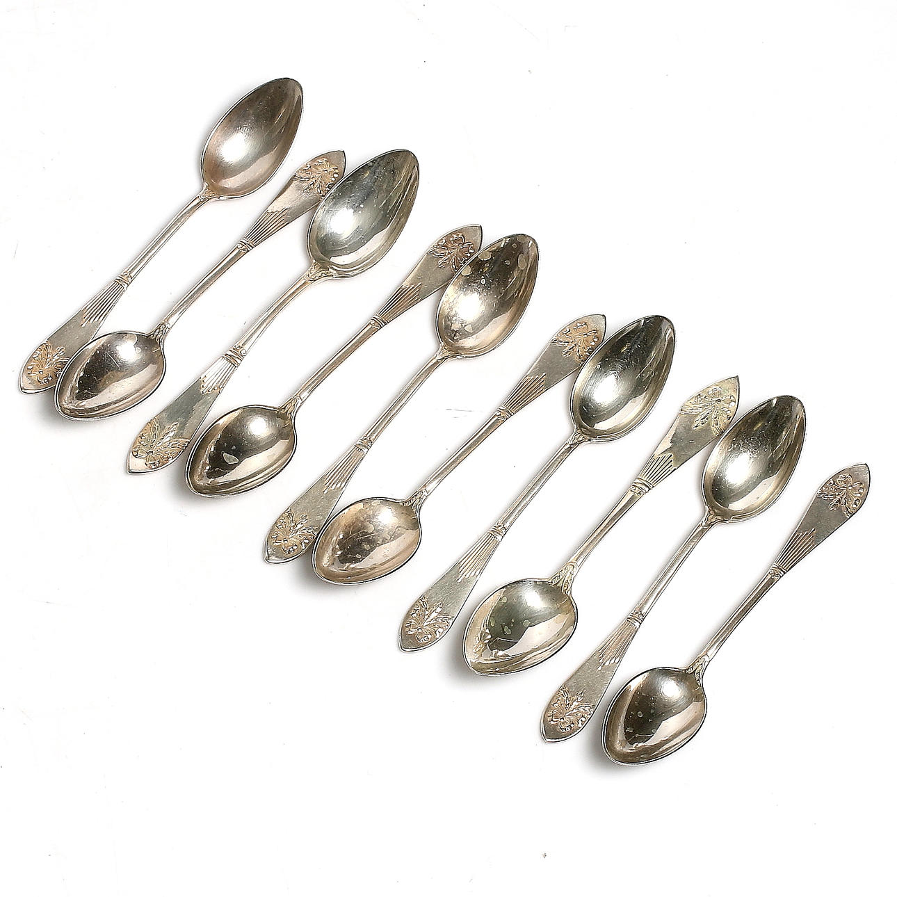 KAFFESKEDAR, 10 st, silver, modell "Empire", C.G. Hallberg, Stockholm. 1900-tal. Vikt 150 gram.